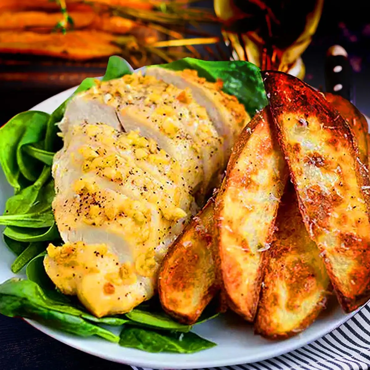 Parmesan Garlic Chicken with Roasted Wedges Recipe Card