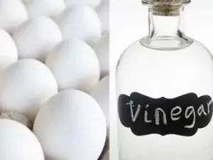 eggs next to a bottle of vinegar