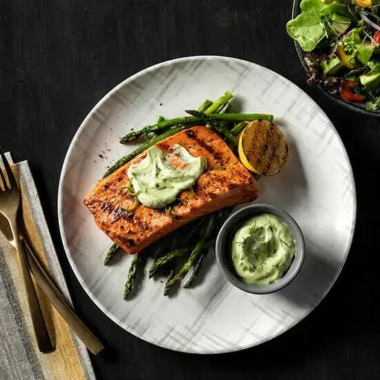 Salmon with Herbed Avocado Butter and Asparagus Recipe Card