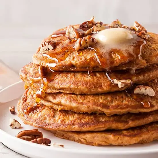 Roasted Maple Sweet Potato Pancakes with Bourbon Butter Pecans