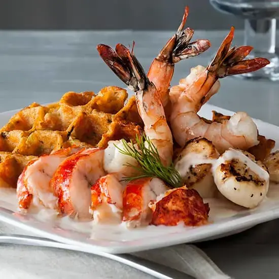 Morel Waffle Mash Stacker with Shrimp Lobster and Scallops Recipe Card
