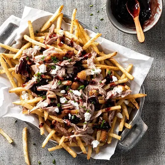 Duck Fat Fries with Duck Confit, Blackberry BBQ Sauce and Chevre Recipe Card