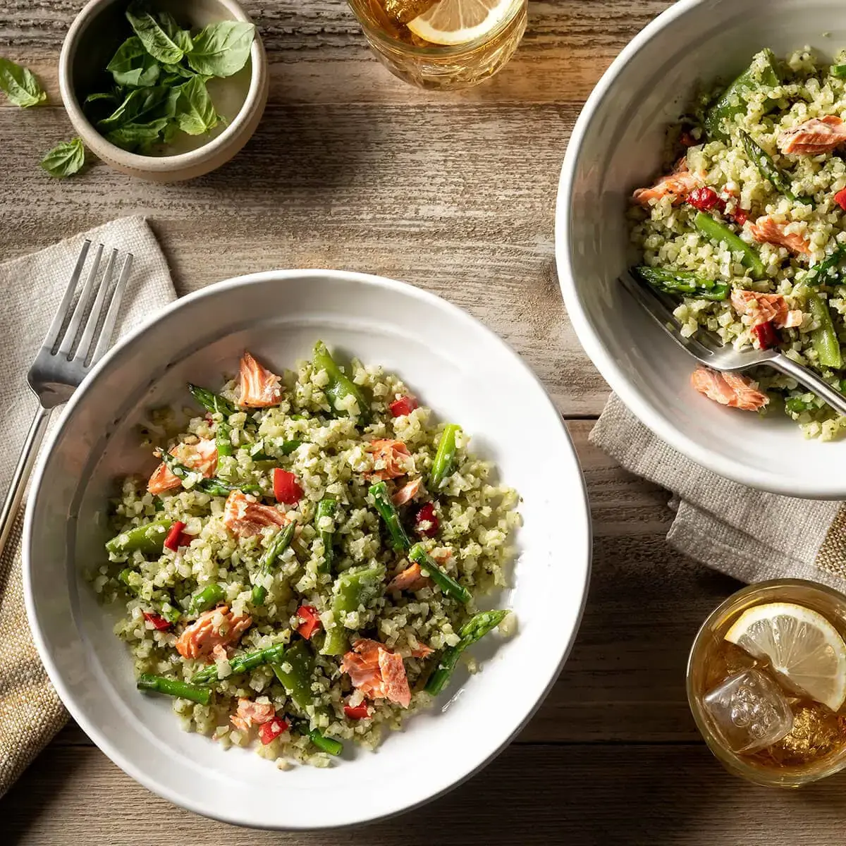 Italian Roasted Salmon and Pesto Riced Cauliflower Bowl Recipe Card