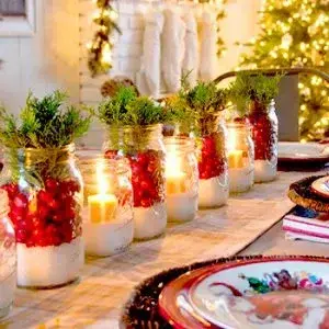 jars lined up with ornaments