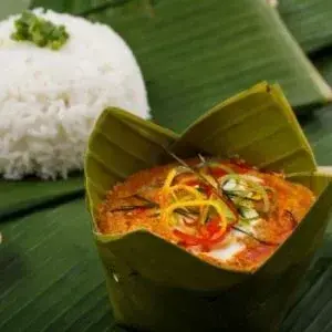 Fish Amok served in folded leaf