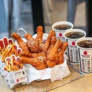 fried chicken with fries and drinks