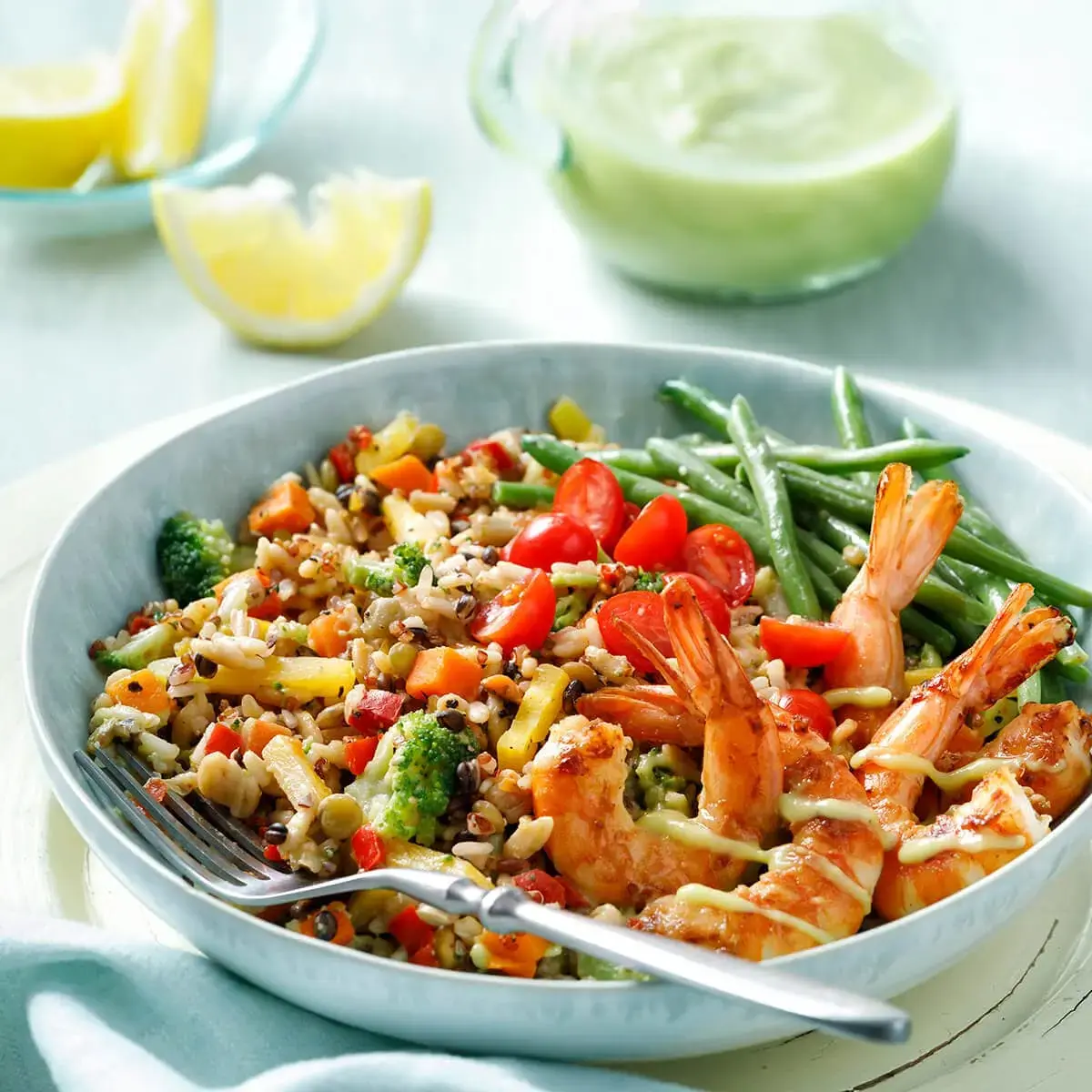 Multi-Grain Orzo, Red Quinoa and Grilled Shrimp Mediterranean Bowl Recipe Card